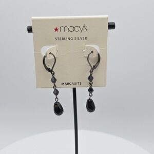 MACY's Marcasite Earrings 925 Sterling Silver Black Dangle On Card FREE $HIPPING